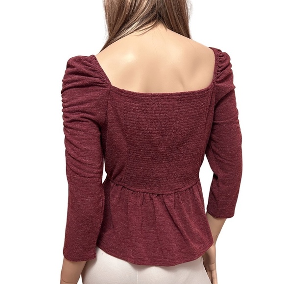 Anthropologie Moon River Peplum Top Blouse Heather Burgundy Ruched Shirred Back - Picture 4 of 16